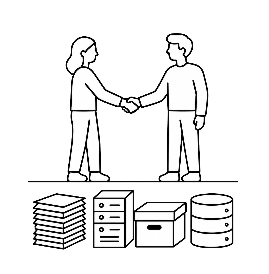 Ilustración de dos personas dándose la mano sobre una pila de documentos.