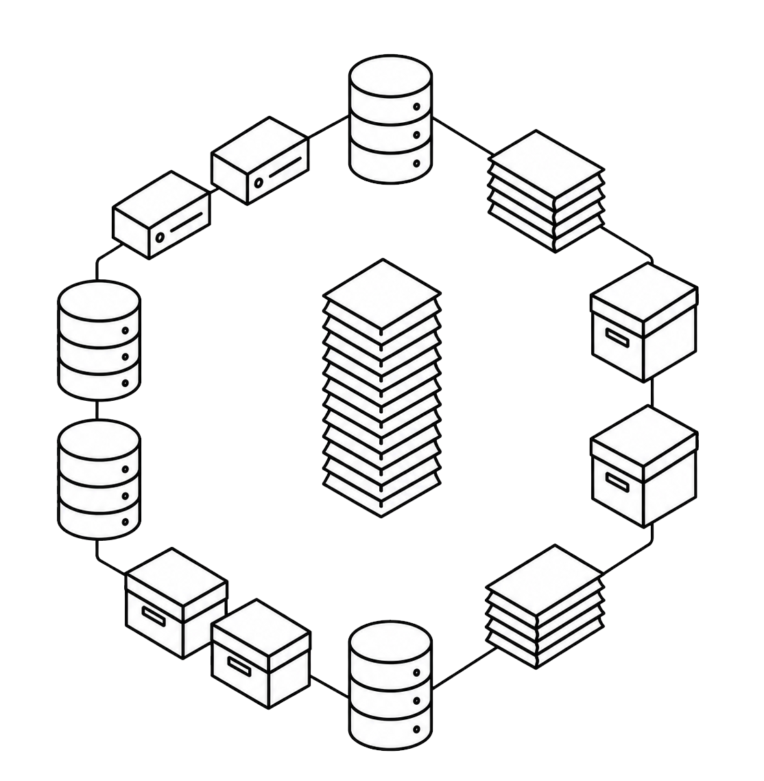 Ilustración de un hexágono en donde las lineas las conforman iconos documentos, servidores y bases de datos.
