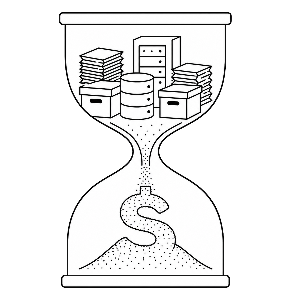 Ilustración de un reloj de arena en donde por una parte entra conocimiento y la otra sale arena que forma el signo $.