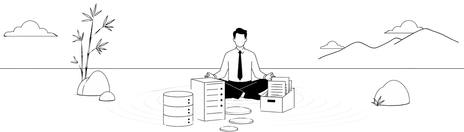 Ilustración de un hombre en un jardín zen con sus datos tranquilo.