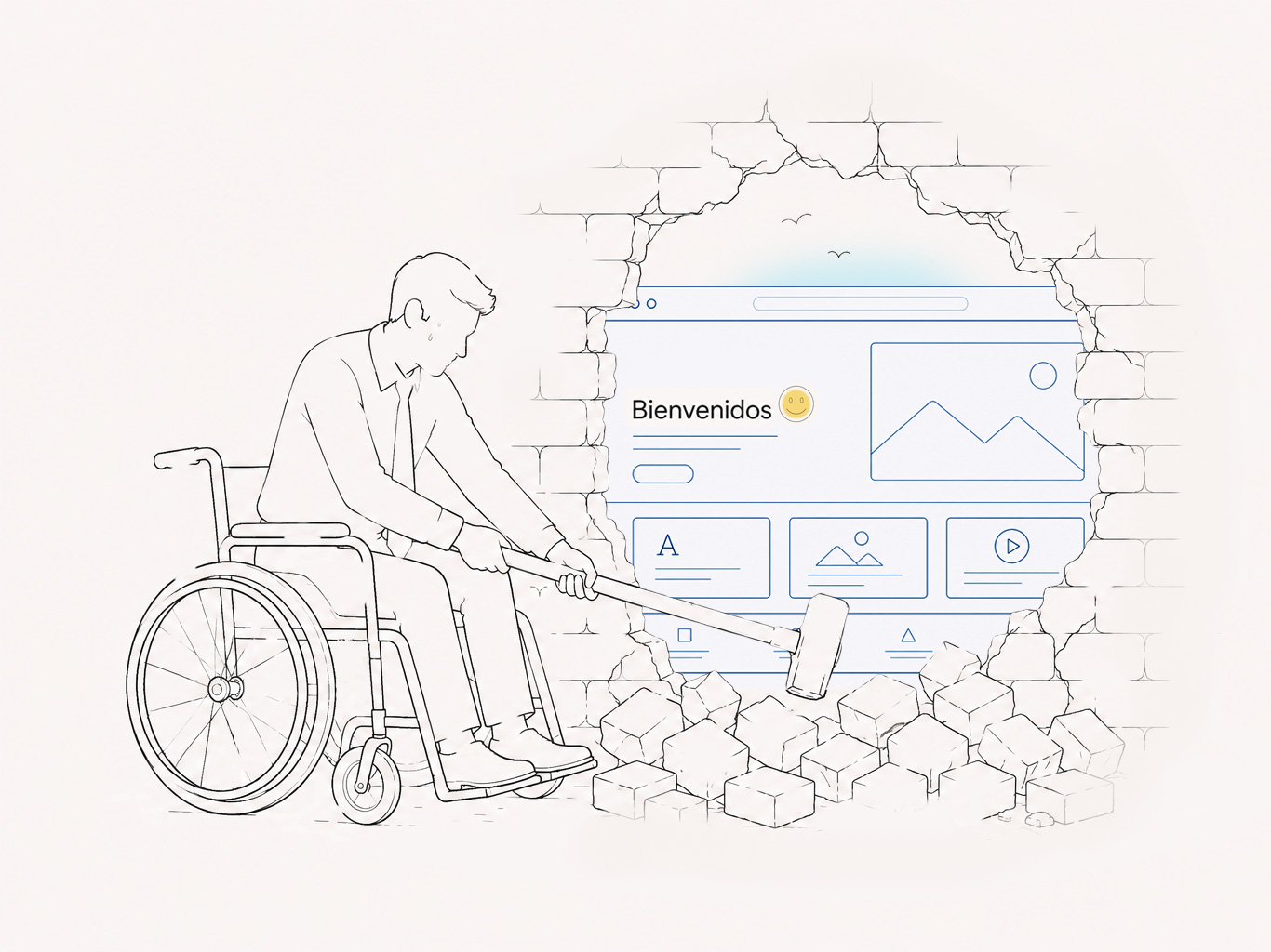 Ilustración de un hombre en una silla de ruedas cansado por estar rompiendo la pared con un martillo para ver que lo que está detrás es una página web.