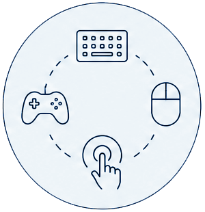 Iconos de un teclado, control de un videojuego, un ratón de computador y una mano haciendo un gesto táctil.