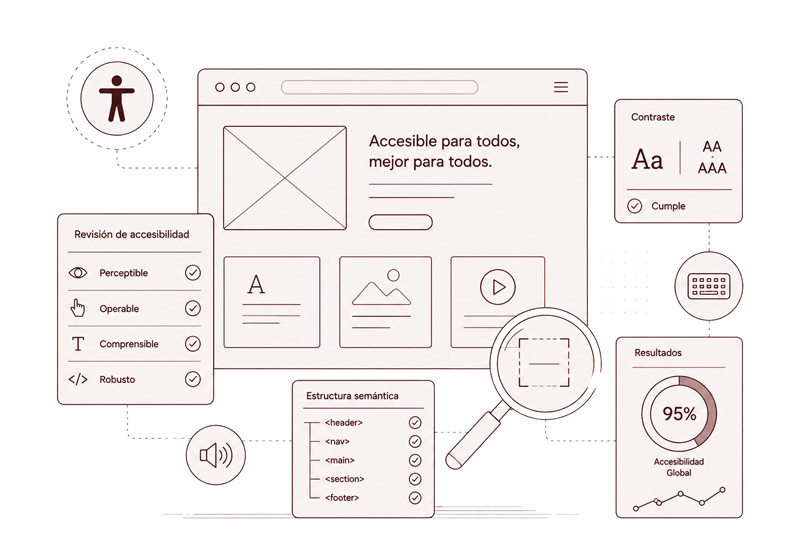 Ilustración de una pantalla de una página web con distintos widgets que muestran su código, un 95% de cumplimiento e iconos de una persona, un teclado y una lupa.