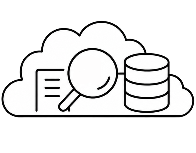 Ilustración de un icono de una nube, una lupa y una base de datos.
