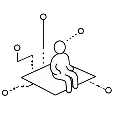 Ilustración de una silueta sentada en un plano con líneas que salen de éste.