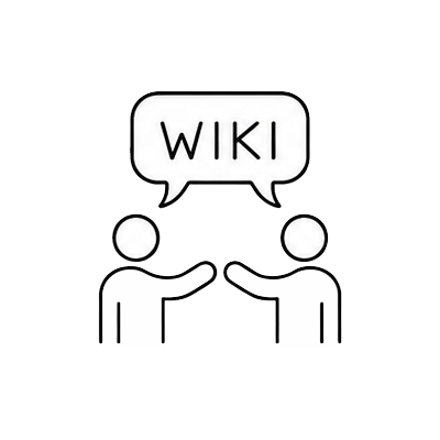 Ilustración de dos personas y un letrero con la palabra WIKI.