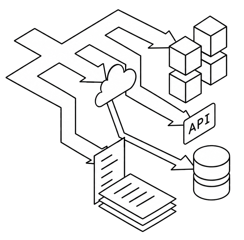 Ilustración de una flecha de varias cabezas en donde cada una apunta a un documento, un icono de nube, una base de datos y un icono de API.