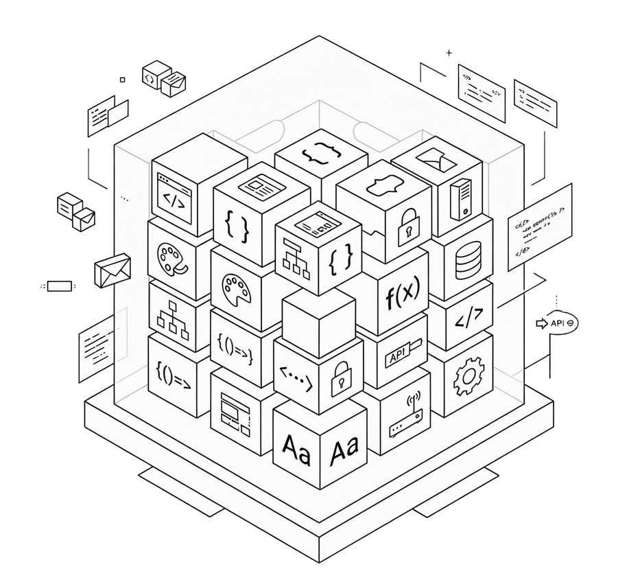 Ilustración de un cubo de con subcubos que muestran elementos como código, base de datos y texto.