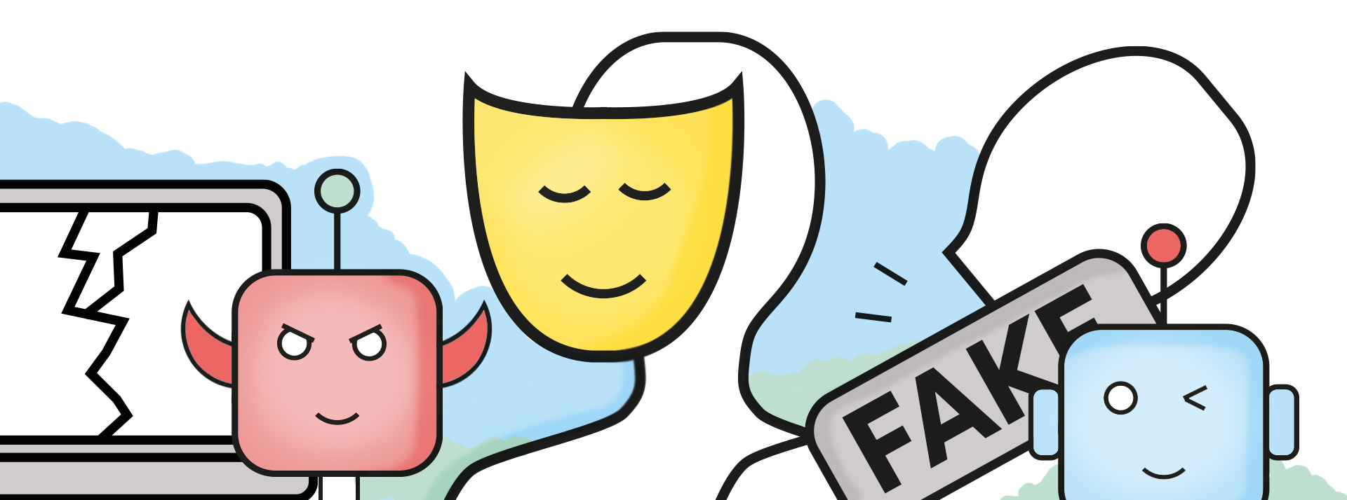 Collage de imágenes de una máscara, un pc roto, bots buenos y malos.