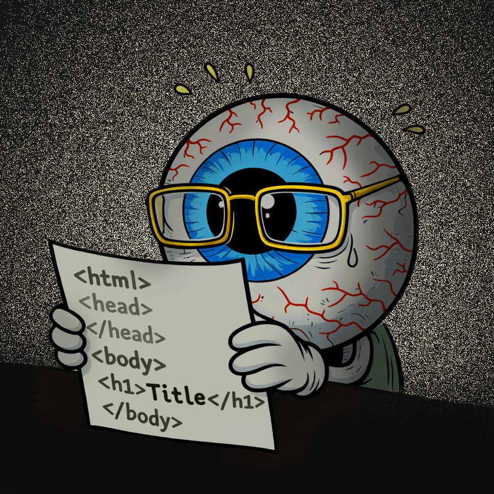 Ilustración de un ojo esforzandose por leer una hoja de código.