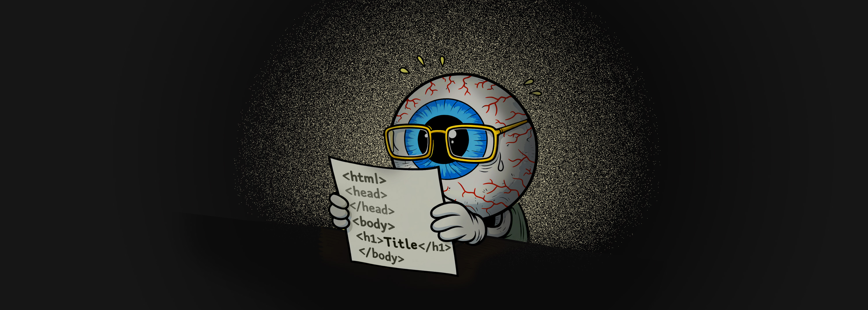 Ilustración de un ojo esforzandose por leer una hoja de código.