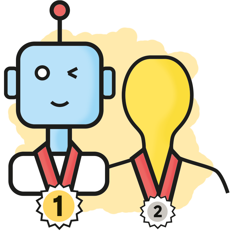 Bot con medalla de No. 1 y persona con No. 2