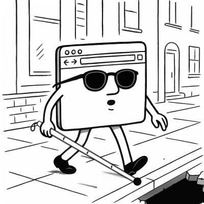 Ilustración de un personaje que simula un navegador web que camina con ayuda de un bastón en la calle, pero que va hacia señor. 