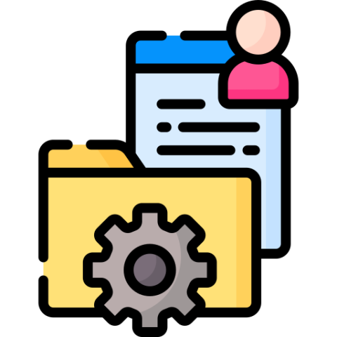 Icono de una carpeta con un documento, un avatar y un engranaje.