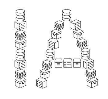Palabra IA formada por activos de conocimiento como documentos, bases de datos y servidores.