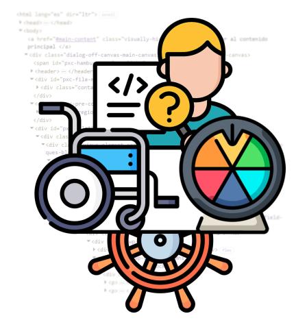 Ilustración que muestra una hoja de código debajo de iconos de una silla de ruedas, una persona, una lupa, un carrusel de colores y un timón de barco.