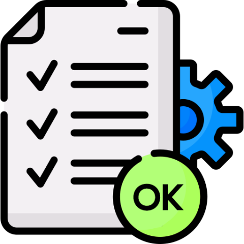 Icono de una lista de chequeo con un engranaje y la palabra OK.