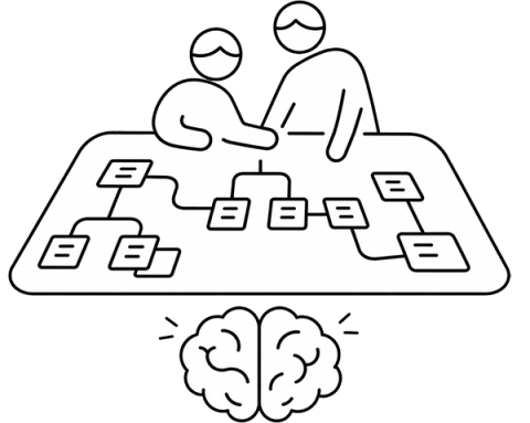 Icono de dos personas colaborando sobre una mesa que se soporta mediante un cerebro.